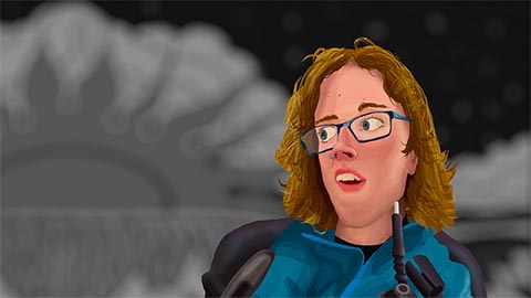 A woman in a wheelchair speaks to interviewers in a rotoscoped frame of animation
